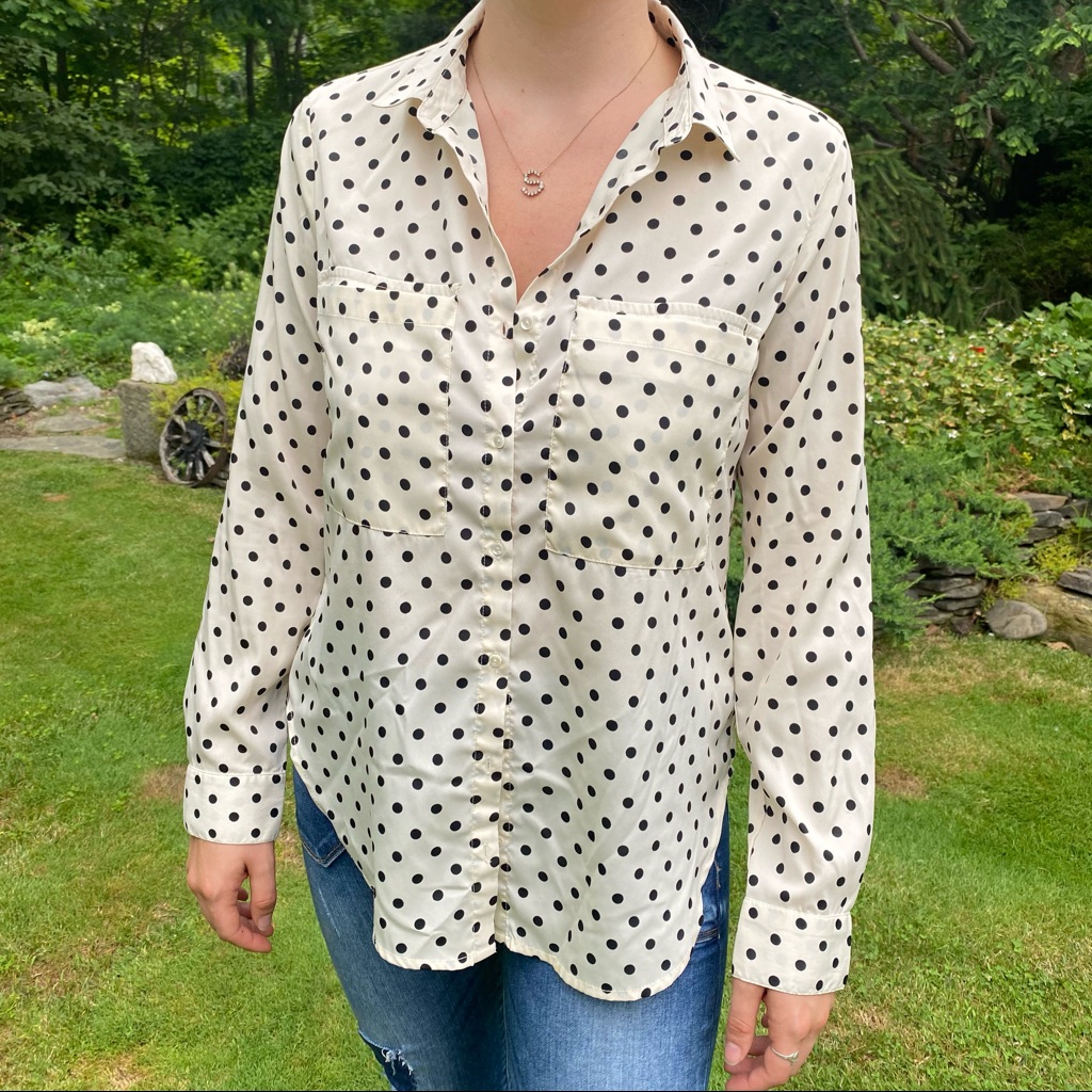 White Black Polkadot Long Sleeve Buttondown Top Xs